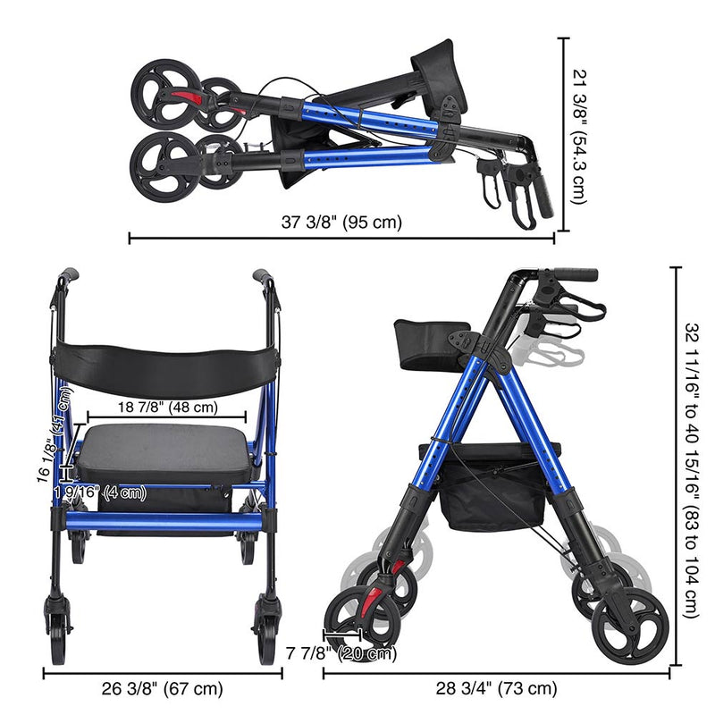 Rollator Aluminum Walker with Seat Back Support 450lbs 8" Casters