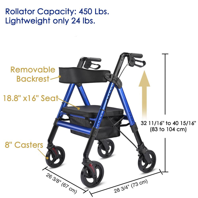 Rollator Aluminum Walker with Seat Back Support 450lbs 8" Casters