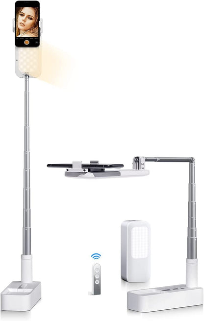 Multi-Angle Phone Stand With Light For Content Creation, Extendable Holder 360° Rotation for Live Streaming & Recording