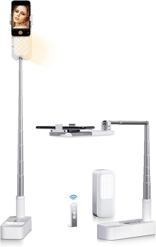 Multi-Angle Phone Stand With Light For Content Creation, Extendable Holder 360° Rotation for Live Streaming & Recording