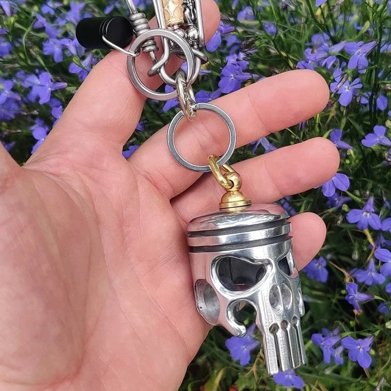 Piston Art Skull Keychain, Piston Skull Motorcycle Keychain Pendant Flashlight Bottle Opener