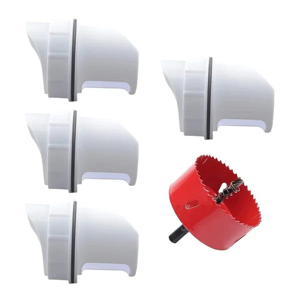 DIY Chicken Feeder, No Waste Chicken Feeder with Rat Stopper Caps with 4 Ports and 1 Hole Saw, Rain Proof and Insect Proof, for Barrels Boxes, Troughs