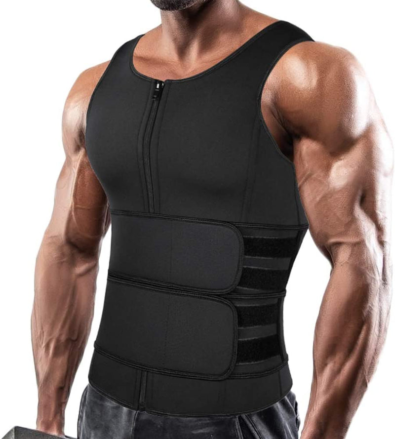 Men's Neoprene Sauna Vest, Suit Zipper Waist Trainer Vest Tank Top Trimmer Body Shaper with Two Belt