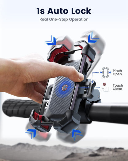 Motorcycle Phone Mount, Auto Lock, Military Anti-Shake, Phone Holder for Bicycle, for Handlebar Mount