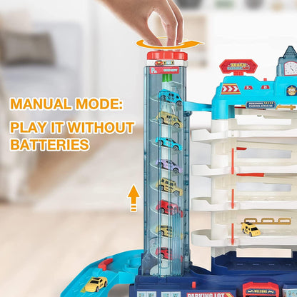 5-Level Car Parking Garage Toy with Race Tracks, Car Ramp Set for 3+Year-Olds