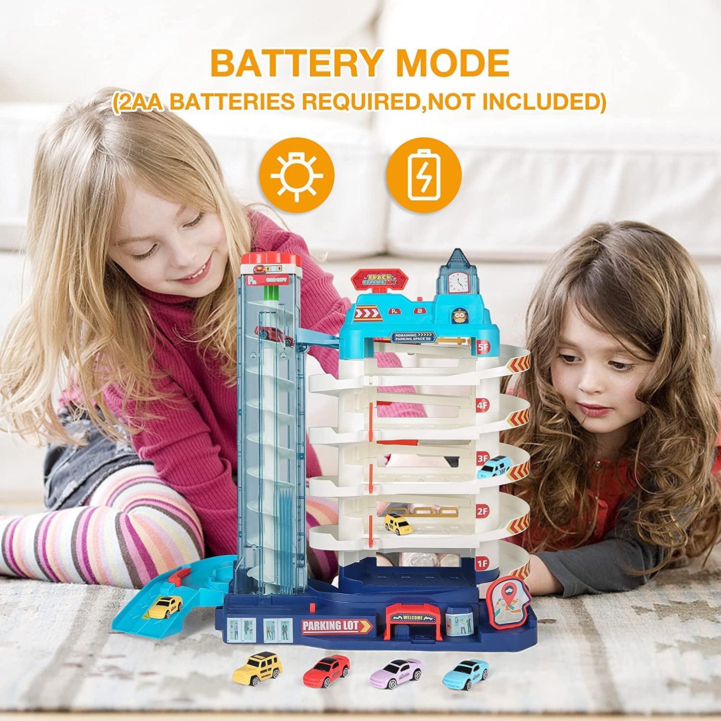 5-Level Car Parking Garage Toy with Race Tracks, Car Ramp Set for 3+Year-Olds