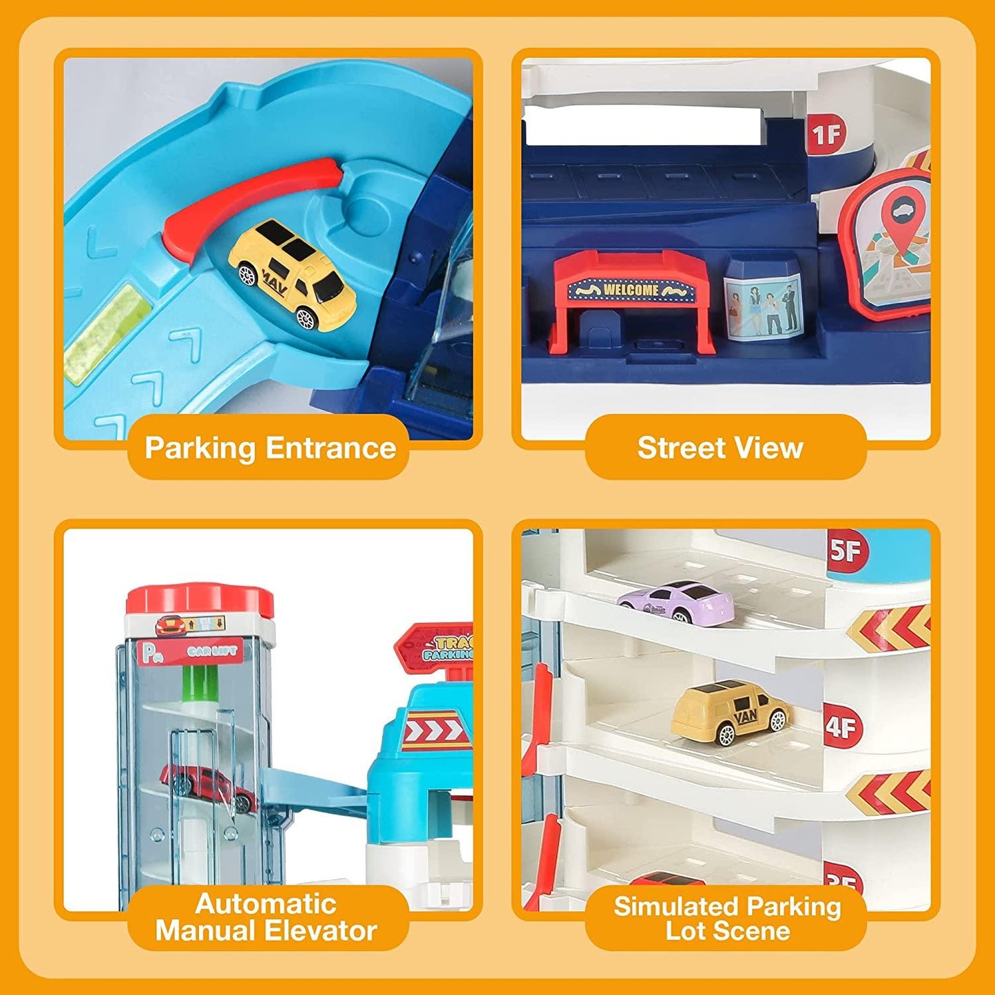 5-Level Car Parking Garage Toy with Race Tracks, Car Ramp Set for 3+Year-Olds