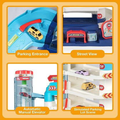 5-Level Car Parking Garage Toy with Race Tracks, Car Ramp Set for 3+Year-Olds