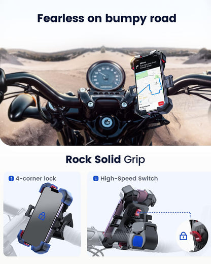 Motorcycle Phone Mount, Auto Lock, Military Anti-Shake, Phone Holder for Bicycle, for Handlebar Mount