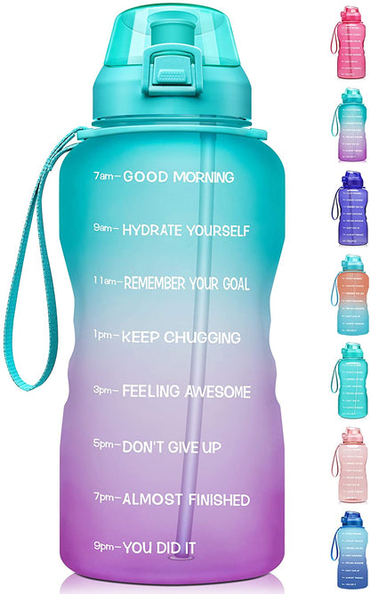 1 Gallon Motivational Water Bottle with Time Marker, Ombre Colors wide mouth, straw lid