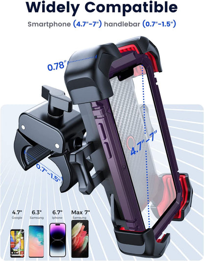 Motorcycle Phone Mount, Auto Lock, Military Anti-Shake, Phone Holder for Bicycle, for Handlebar Mount