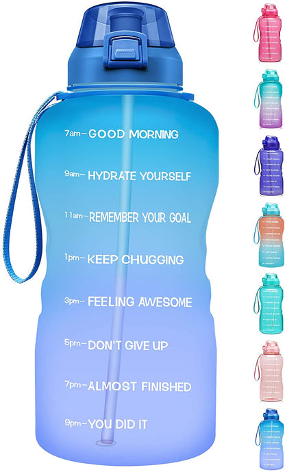 1 Gallon Motivational Water Bottle with Time Marker, Ombre Colors wide mouth, straw lid