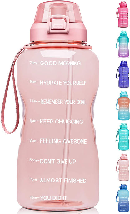 1 Gallon Motivational Water Bottle with Time Marker, Ombre Colors wide mouth, straw lid