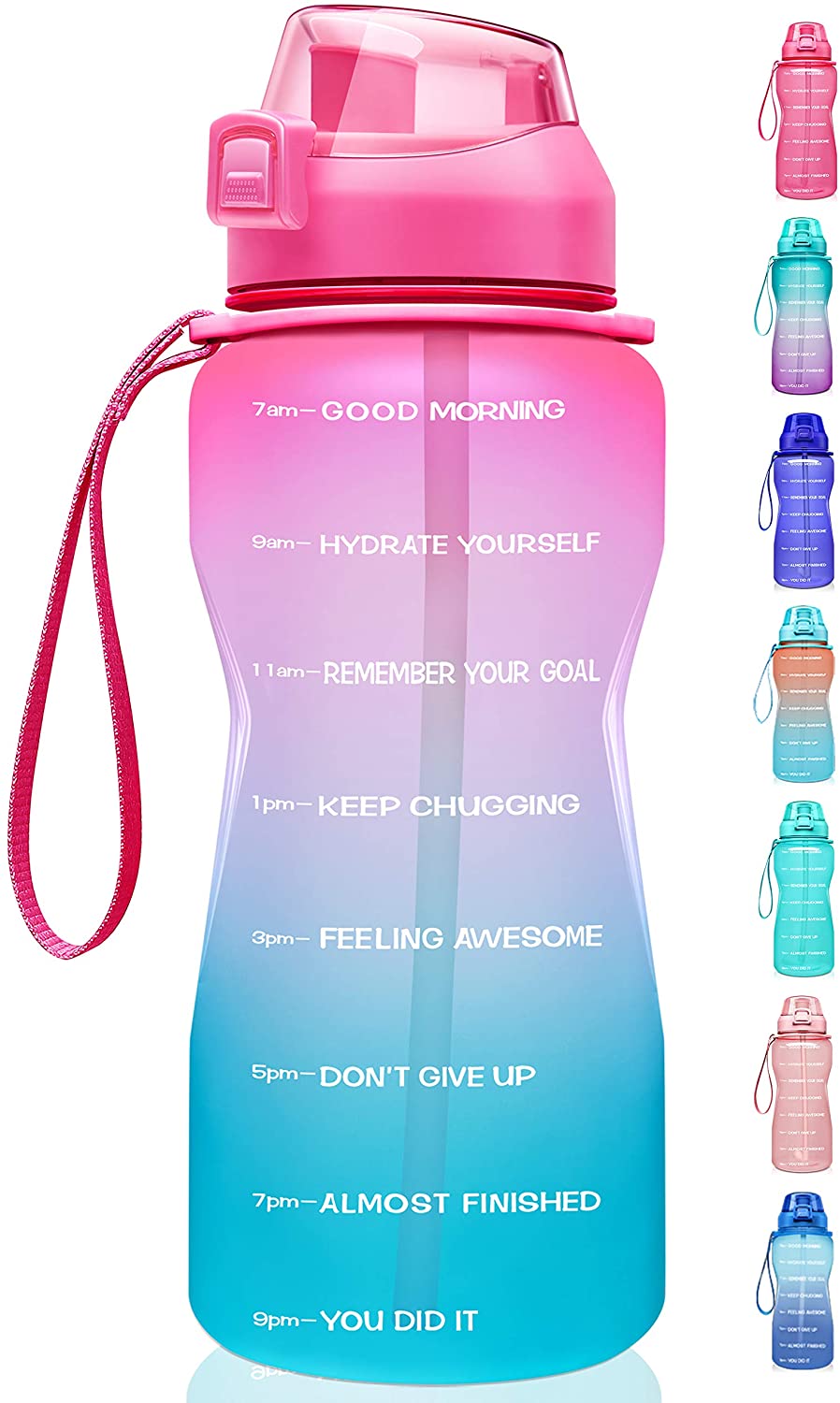 1 Gallon Motivational Water Bottle with Time Marker, Ombre Colors wide mouth, straw lid