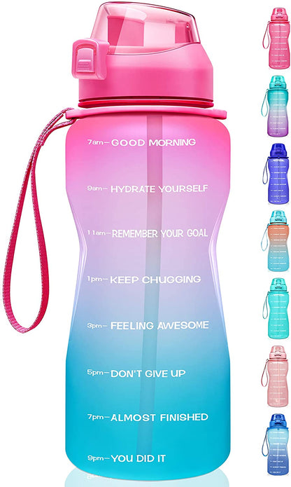 1 Gallon Motivational Water Bottle with Time Marker, Ombre Colors wide mouth, straw lid