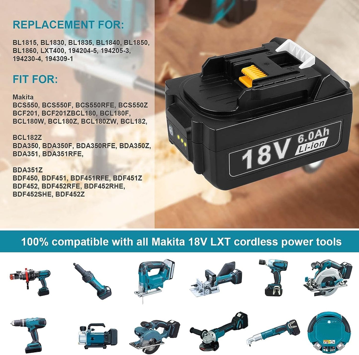 For Makita 18V 6.0Ah LXT Lithium-Ion BL1830 BL1850 BL1860 tool Battery-2Pack