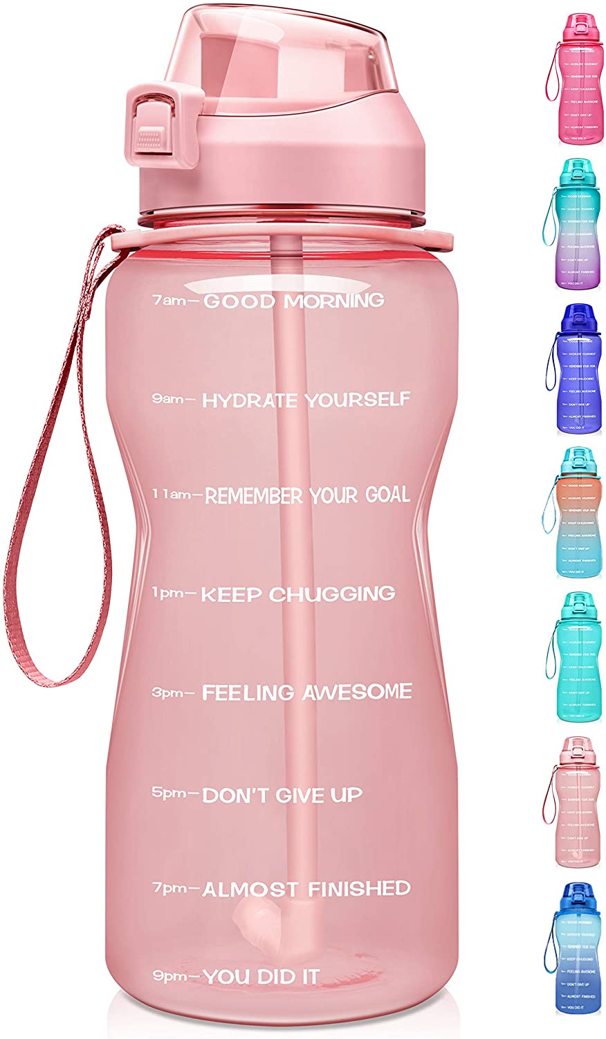 1 Gallon Motivational Water Bottle with Time Marker, Ombre Colors wide mouth, straw lid