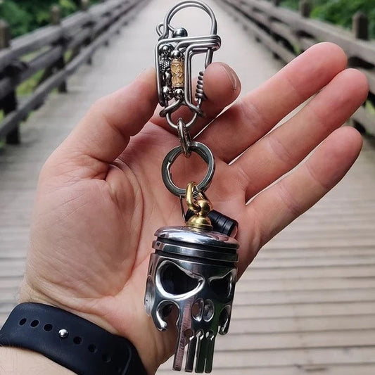 Piston Art Skull Keychain, Piston Skull Motorcycle Keychain Pendant Flashlight Bottle Opener