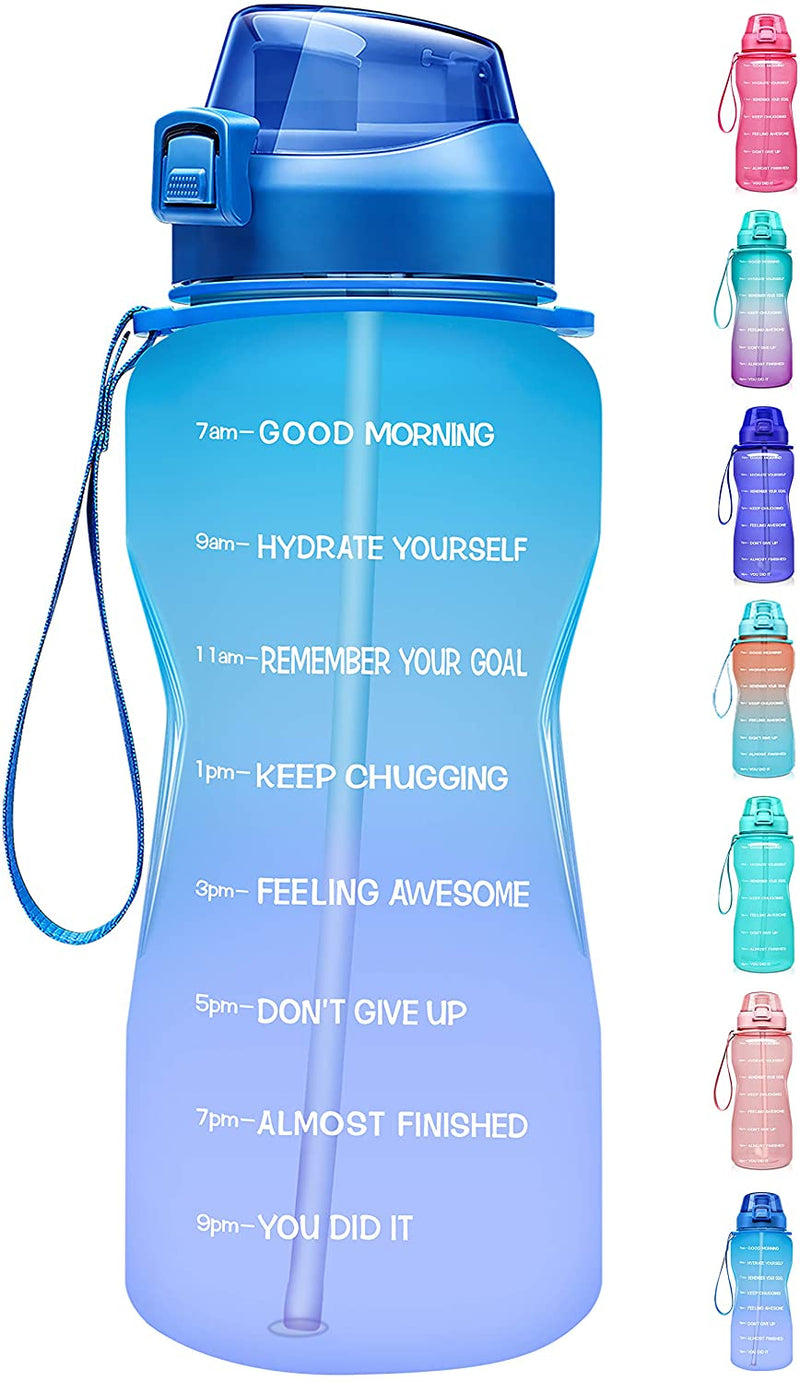 1 Gallon Motivational Water Bottle with Time Marker, Ombre Colors wide mouth, straw lid