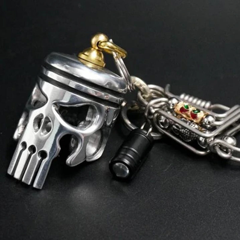 Piston Art Skull Keychain, Piston Skull Motorcycle Keychain Pendant Flashlight Bottle Opener