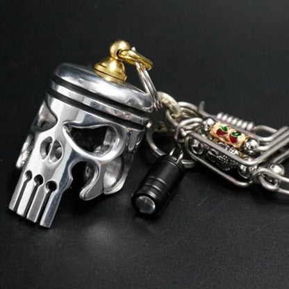 Piston Art Skull Keychain, Piston Skull Motorcycle Keychain Pendant Flashlight Bottle Opener