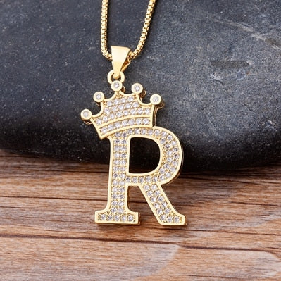 New Luxury Copper Zircon A-Z Crown Alphabet Pendant Chain Necklace Hip-Hop Style Fashion Woman Man Initial Name Jewelry