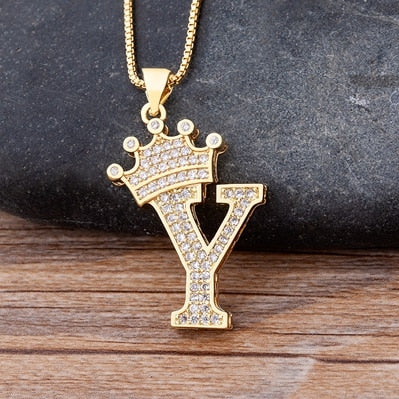 New Luxury Copper Zircon A-Z Crown Alphabet Pendant Chain Necklace Hip-Hop Style Fashion Woman Man Initial Name Jewelry