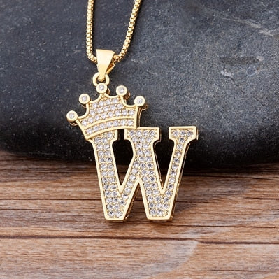 New Luxury Copper Zircon A-Z Crown Alphabet Pendant Chain Necklace Hip-Hop Style Fashion Woman Man Initial Name Jewelry