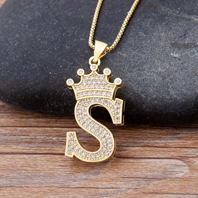 New Luxury Copper Zircon A-Z Crown Alphabet Pendant Chain Necklace Hip-Hop Style Fashion Woman Man Initial Name Jewelry