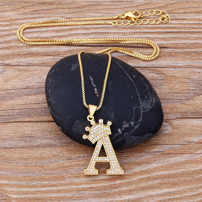 New Luxury Copper Zircon A-Z Crown Alphabet Pendant Chain Necklace Hip-Hop Style Fashion Woman Man Initial Name Jewelry