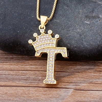 New Luxury Copper Zircon A-Z Crown Alphabet Pendant Chain Necklace Hip-Hop Style Fashion Woman Man Initial Name Jewelry