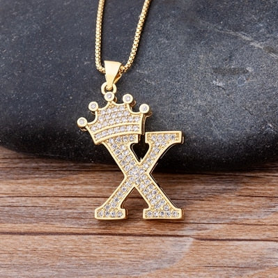 New Luxury Copper Zircon A-Z Crown Alphabet Pendant Chain Necklace Hip-Hop Style Fashion Woman Man Initial Name Jewelry