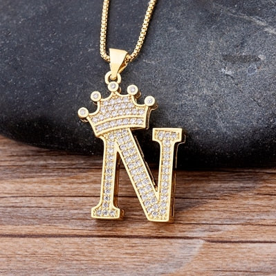 New Luxury Copper Zircon A-Z Crown Alphabet Pendant Chain Necklace Hip-Hop Style Fashion Woman Man Initial Name Jewelry