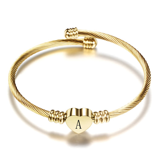 Heart Bracelet Bangle With Letter, Custom Fashion Girls Gold Color Stainless Steel Heart Initial Alphabet Charms Bracelets For Women