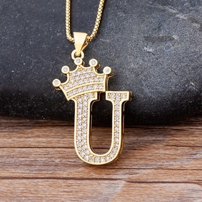 New Luxury Copper Zircon A-Z Crown Alphabet Pendant Chain Necklace Hip-Hop Style Fashion Woman Man Initial Name Jewelry