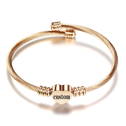 Heart Bracelet Bangle With Letter, Custom Fashion Girls Gold Color Stainless Steel Heart Initial Alphabet Charms Bracelets For Women