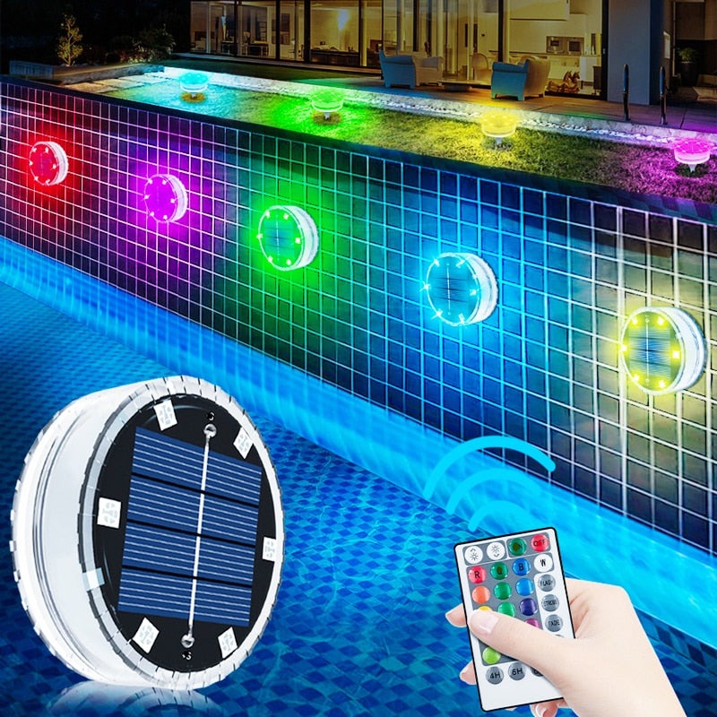 Solar Submersible LED Pool Lights, Color Changing RGB Lamps, Underwater Above ground Side