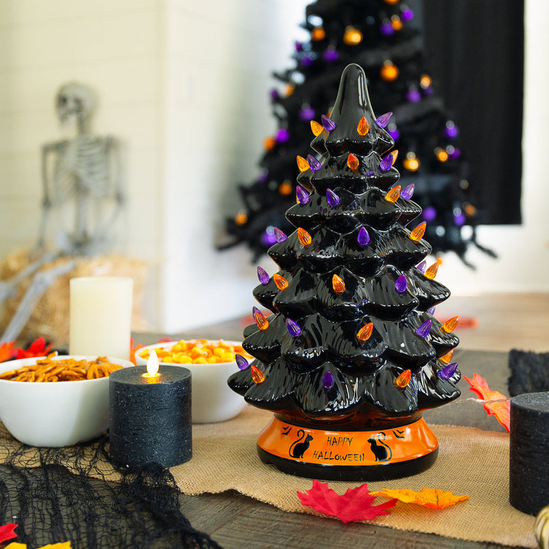 Pre-Lit 15in Ceramic Halloween Tree w/ Orange & Purple Bulb Lights