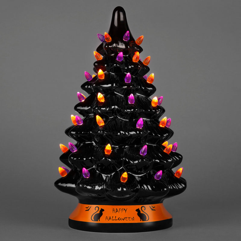 Pre-Lit 15in Ceramic Halloween Tree w/ Orange & Purple Bulb Lights