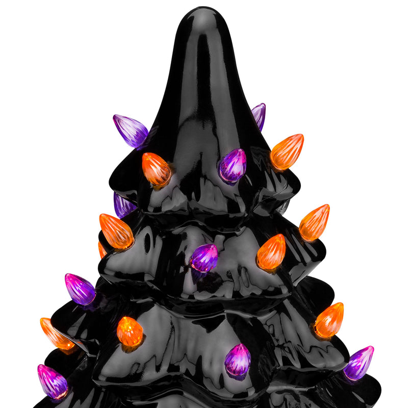 Pre-Lit 15in Ceramic Halloween Tree w/ Orange & Purple Bulb Lights