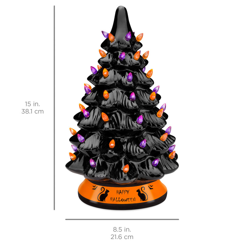 Pre-Lit 15in Ceramic Halloween Tree w/ Orange & Purple Bulb Lights