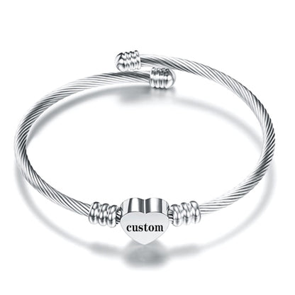 Heart Bracelet Bangle With Letter, Custom Fashion Girls Gold Color Stainless Steel Heart Initial Alphabet Charms Bracelets For Women
