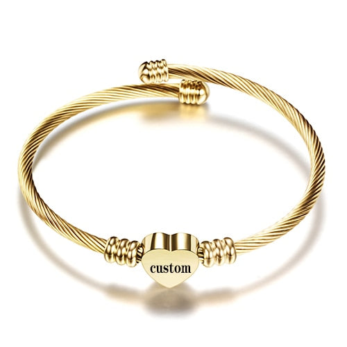 Heart Bracelet Bangle With Letter, Custom Fashion Girls Gold Color Stainless Steel Heart Initial Alphabet Charms Bracelets For Women