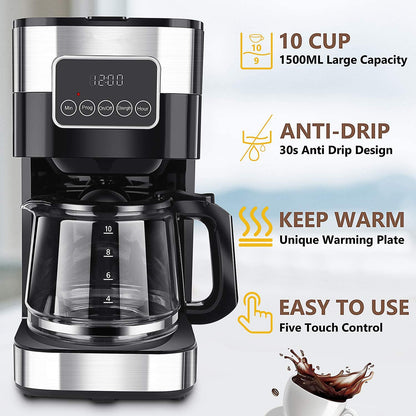 40 Oz Drip Coffee Machine - 1.2L Classic Coffee Maker, 10 Cups
