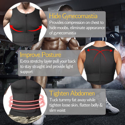 Men's Neoprene Sauna Vest, Suit Zipper Waist Trainer Vest Tank Top Trimmer Body Shaper with Two Belt