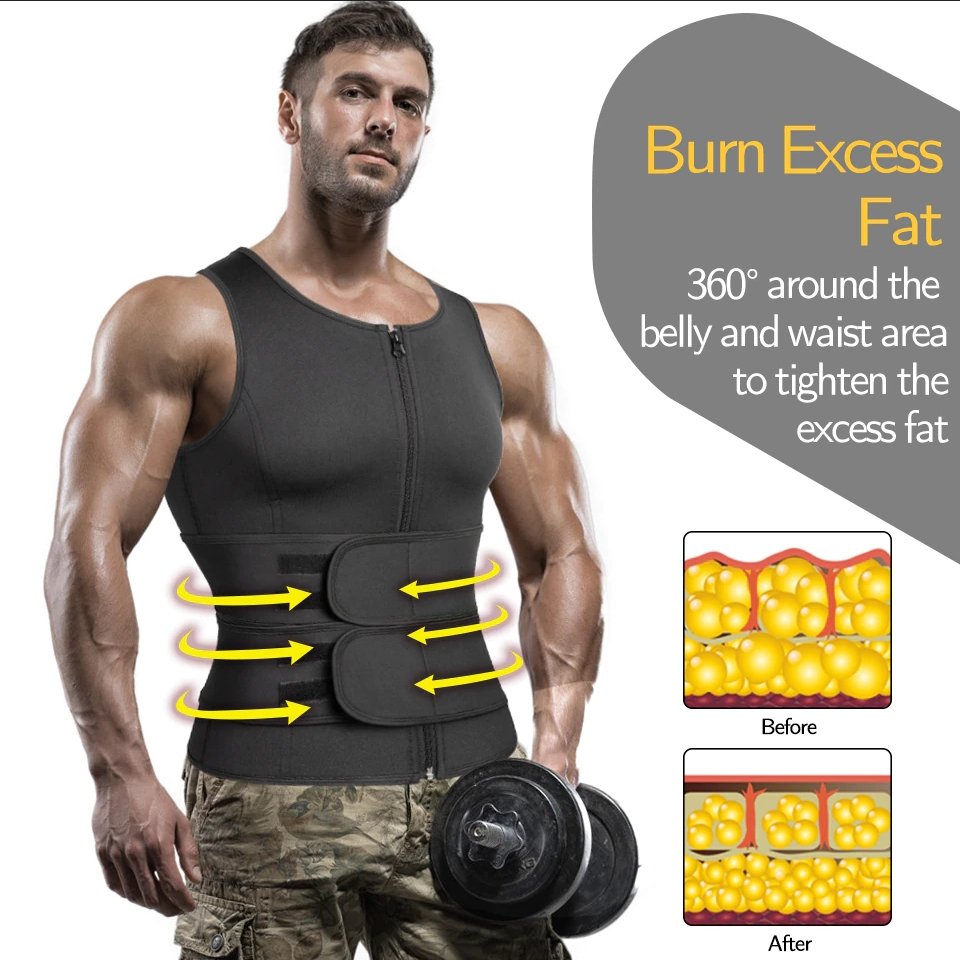 Men's Neoprene Sauna Vest, Suit Zipper Waist Trainer Vest Tank Top Trimmer Body Shaper with Two Belt