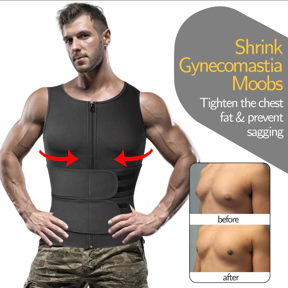 Men's Neoprene Sauna Vest, Suit Zipper Waist Trainer Vest Tank Top Trimmer Body Shaper with Two Belt