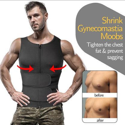 Men's Neoprene Sauna Vest, Suit Zipper Waist Trainer Vest Tank Top Trimmer Body Shaper with Two Belt