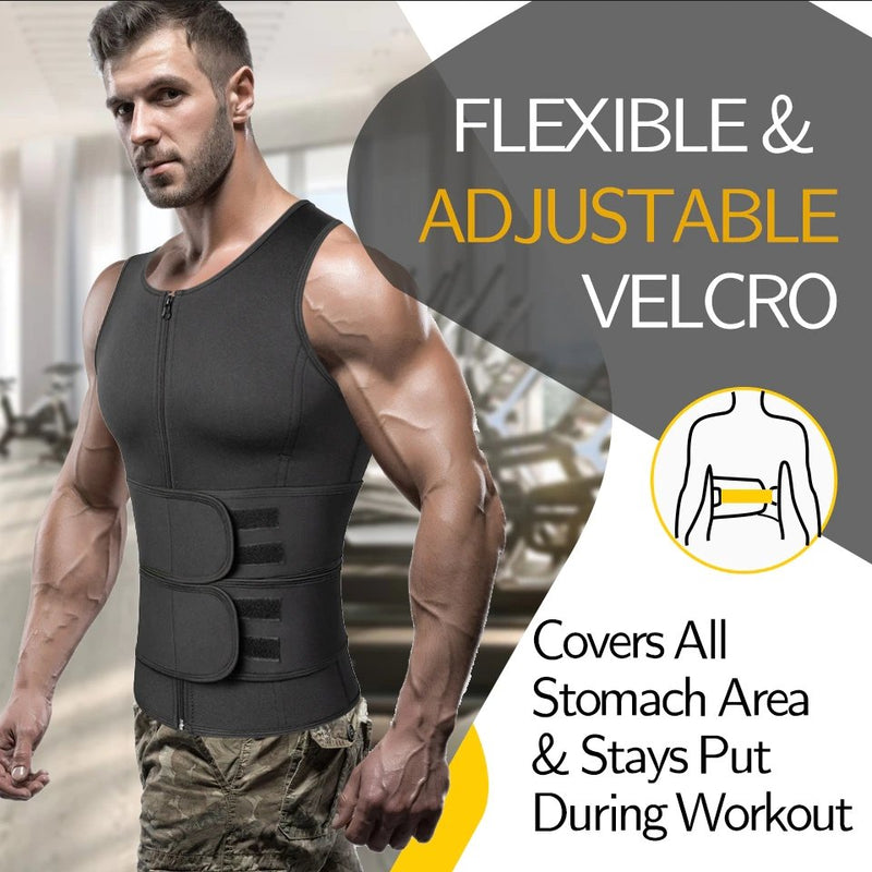 Men's Neoprene Sauna Vest, Suit Zipper Waist Trainer Vest Tank Top Trimmer Body Shaper with Two Belt