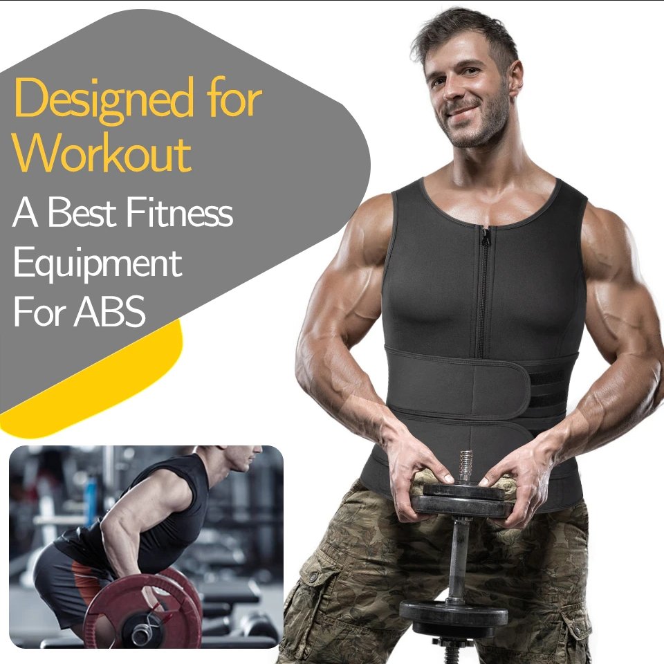 Men's Neoprene Sauna Vest, Suit Zipper Waist Trainer Vest Tank Top Trimmer Body Shaper with Two Belt